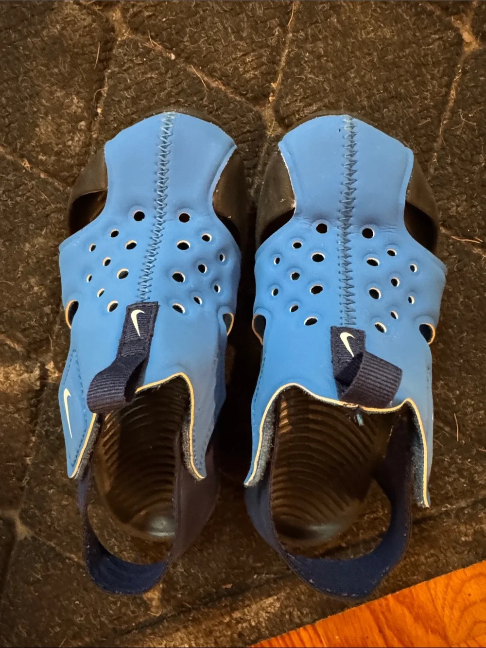Nike Youth Blue Slip-On Water Sandals with white Swoosh